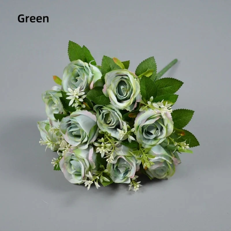 décoration extérieure bouquet roses artificielles soie couleurs variées modernes élégantes feuilles vertes incluses