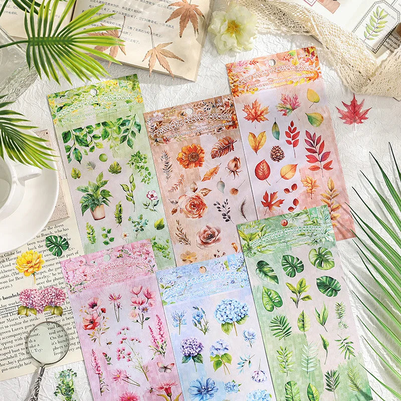 Stickers feuilles fleurs papillons motifs floraux illustration art floral adhésif vert jaune rose bleu