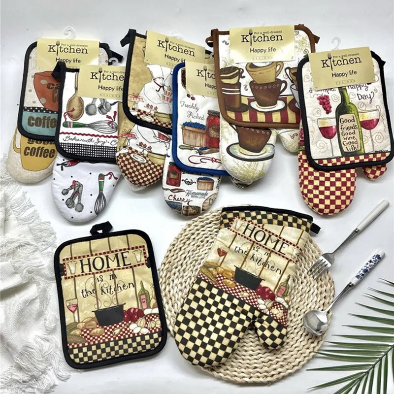 gants cuisine poignées plat motifs cuisine vintage rustique blanc noir rouge vert beige marron