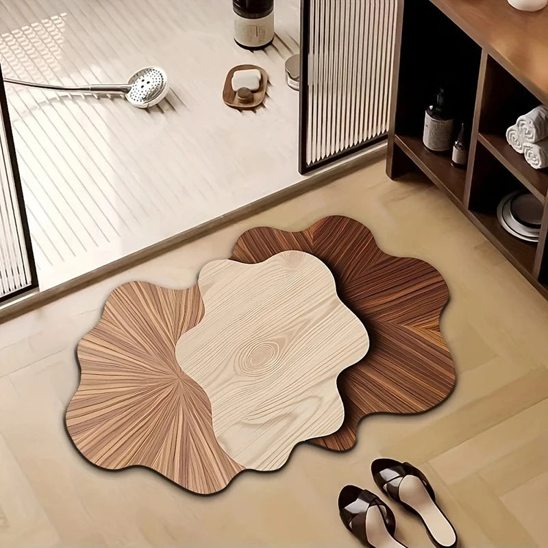 tapis salle bain texture bois rayures concentriques couleur beige brun rustique
