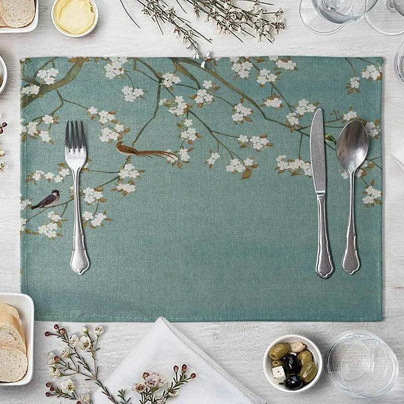 set table lin motif floral oiseaux vert beige blanc rose marron decoratif asiatique table