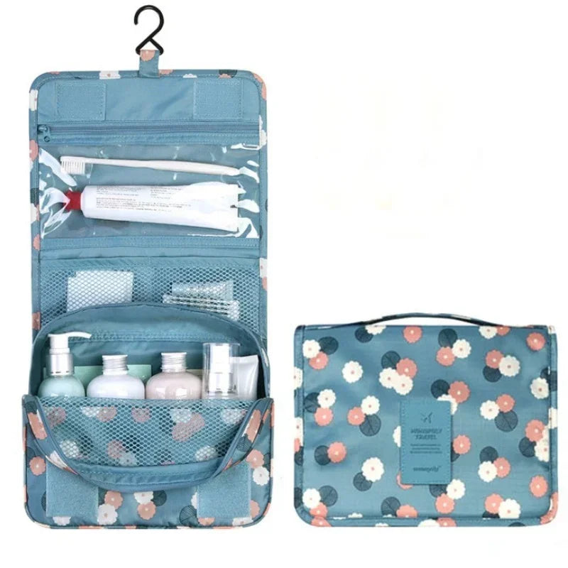 Sac toilette pliable oxford imprimé floral bleu clair motifs blancs roses bleus moderne pratique