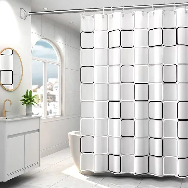 rideau douche géométrique blanc gris moderne anneaux fixation opaquant éva
