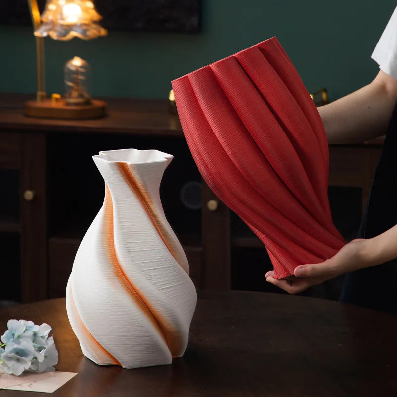vase moderne rayures diagonales blanc orange rouge décoration maison arrangement floral