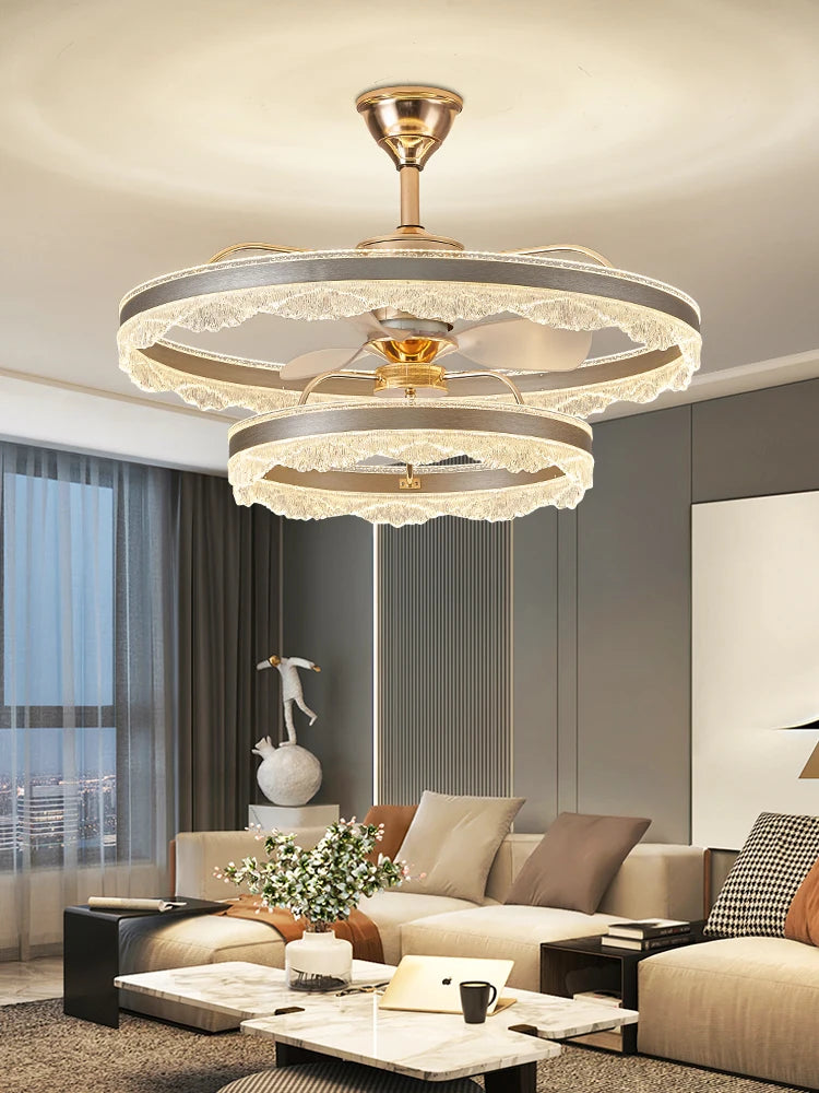 ventilateur moderne doré lampe led tri couleur télécommande blanc translucide strass élégant fixation