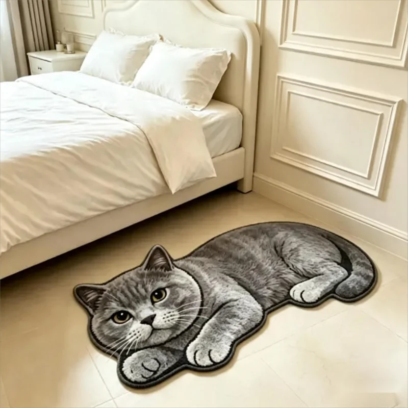tapis décoratif moelleux forme chat allongé noir blanc gris beige salon chambre entrée maison