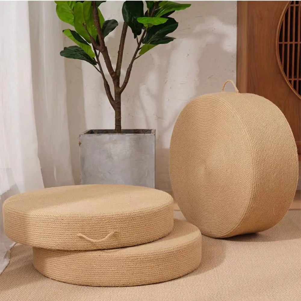 coussin sol rond tissé fibre naturelle mousse pe rustique minimaliste beige clair anse corde