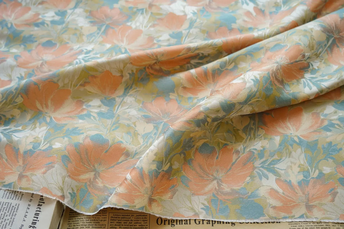 tissu imprimé floral orange bleu vert polyester largeur 158cm respectueux environnement Jacquard fleurs opaques