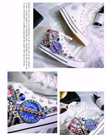 chaussures sport femme toile blanches broderies strass badges printemps automne décontractées lacets PVC