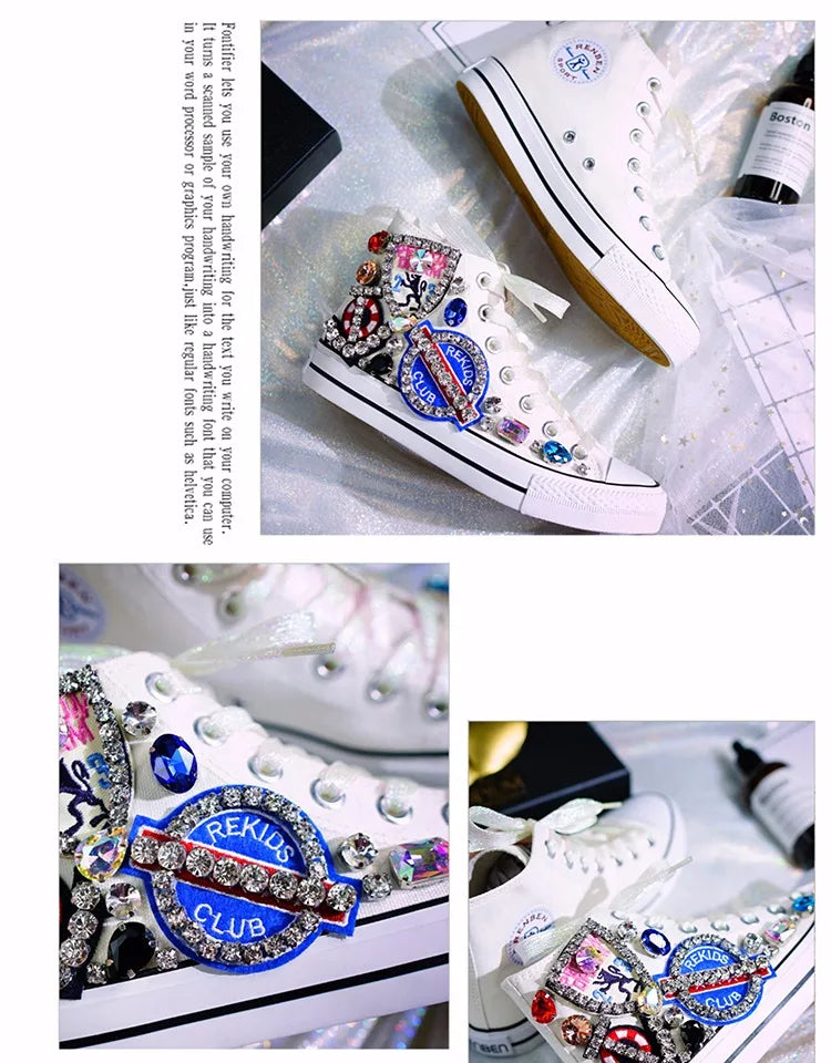 chaussures sport femme toile blanches broderies strass badges printemps automne décontractées lacets PVC