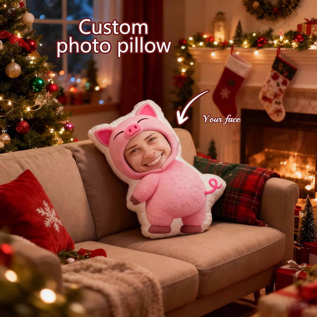 coussin personnalisable rose clair visage animé oreilles pointues moderne amovible lavable oblong lit sofa