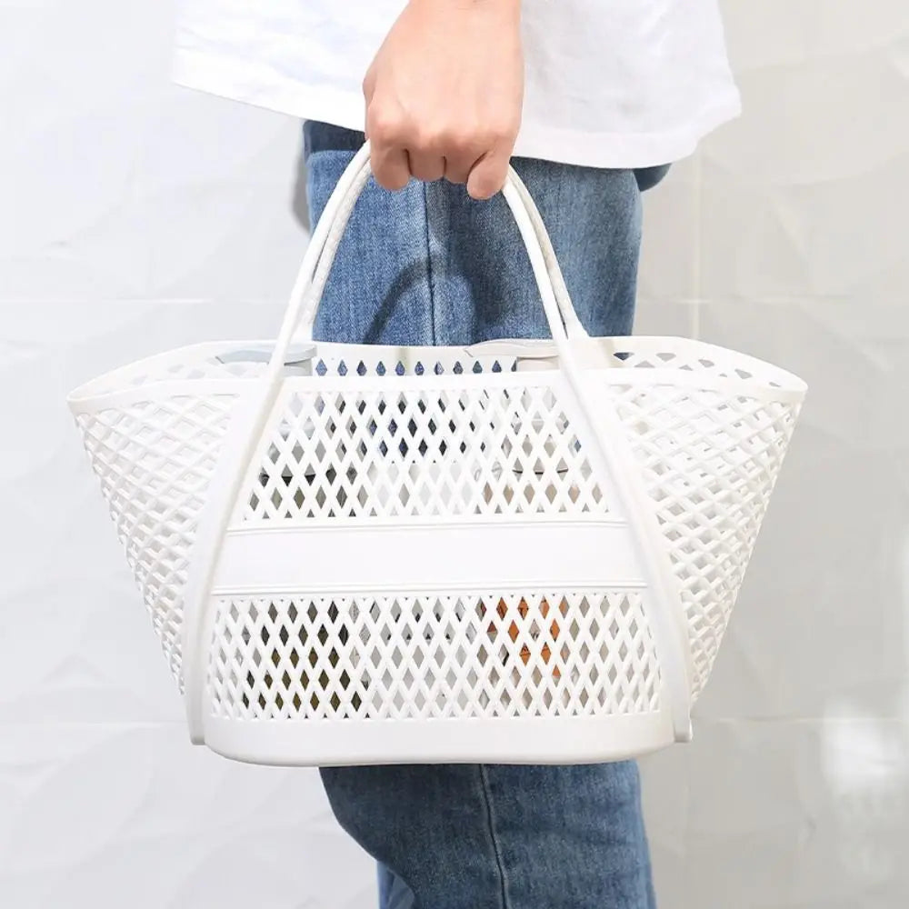 panier rangement maille géométrique blanc rose jaune gris moderne poignées détachables utilisation multiple portable