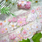 ruban decoratif fleurs cerisier rose clair blanc vert 2m illustration florale motifs dorés scrapbooking