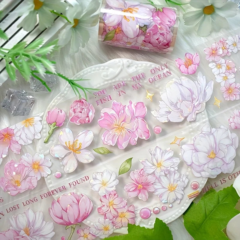 ruban decoratif fleurs cerisier rose clair blanc vert 2m illustration florale motifs dorés scrapbooking