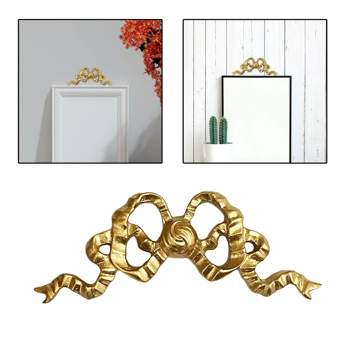 décoration murale résine ruban noué rosace ornementale cadre blanc miroir cactus feuilles verte chambre
