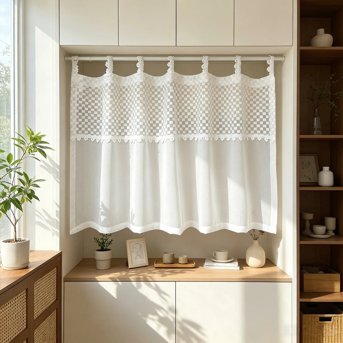 rideau blanc transparent carreaux classique cuisine salle bain tubulaire fil teint fleur brodée polyester
