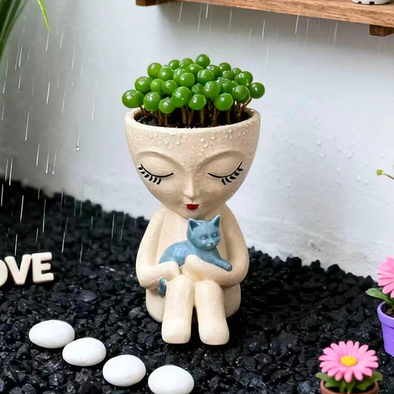 pots fleurs résine figurine fille chat plantes vertes décoration jardin moderne