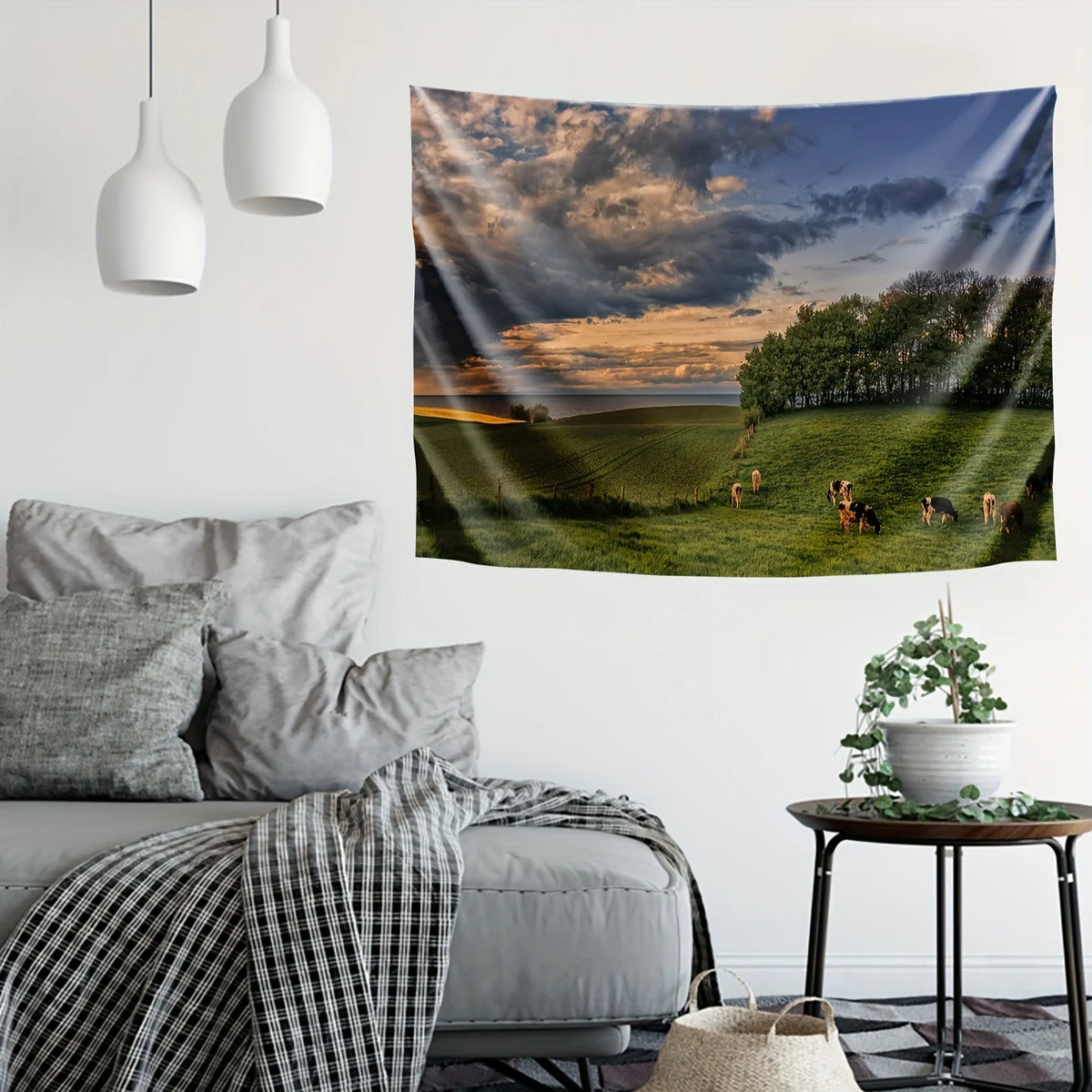 tapisserie paysagère moderne vaches nuages vert bleu blanc chambre salon décoration murale imperméable