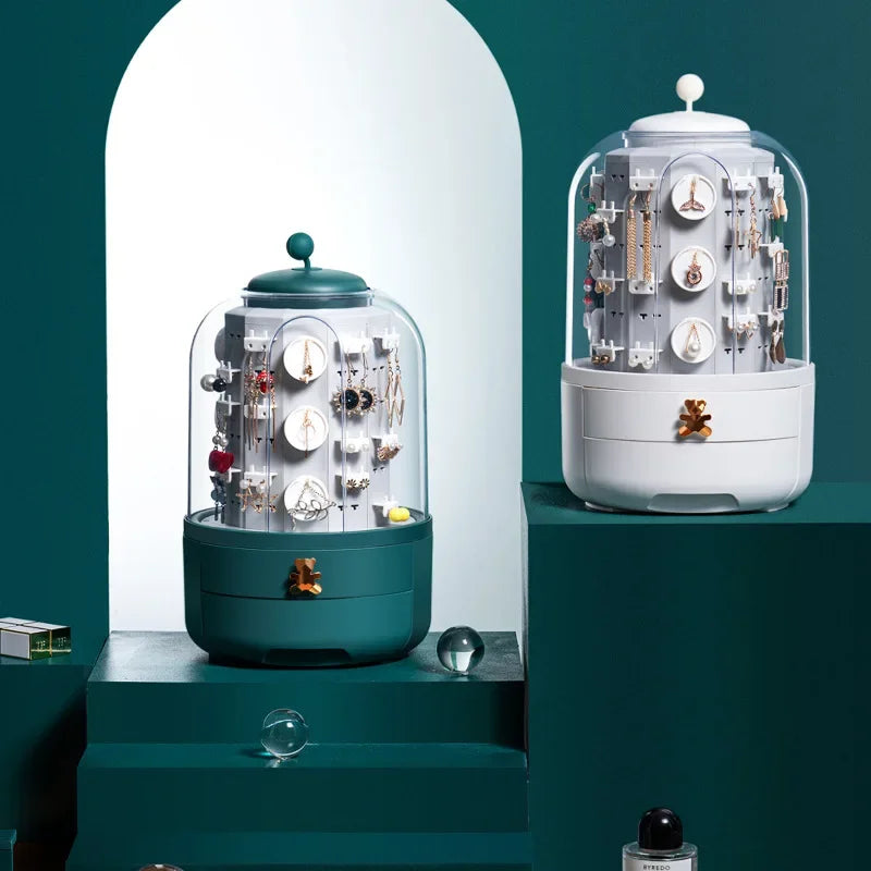 boîte bijoux rotative moderne vert foncé gris clair matériau plastique rangement bijoux adhésif boucles