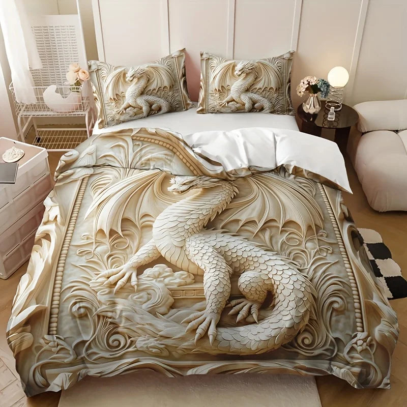 housse couette dragon relief deux taies oreiller motifs floraux literie decorative polyester beige blanc