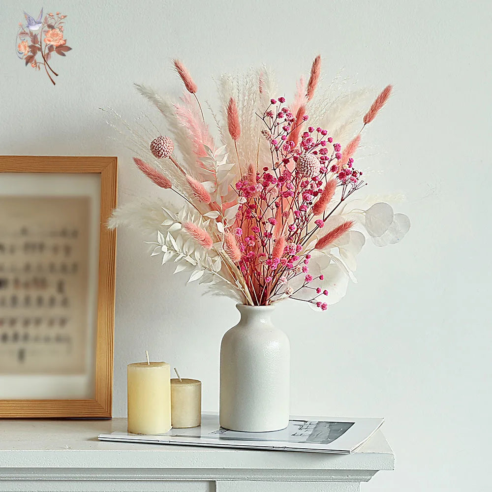 bouquet fleurs séchées roses blanches boho fluffy decoration maison anniversaire mariage