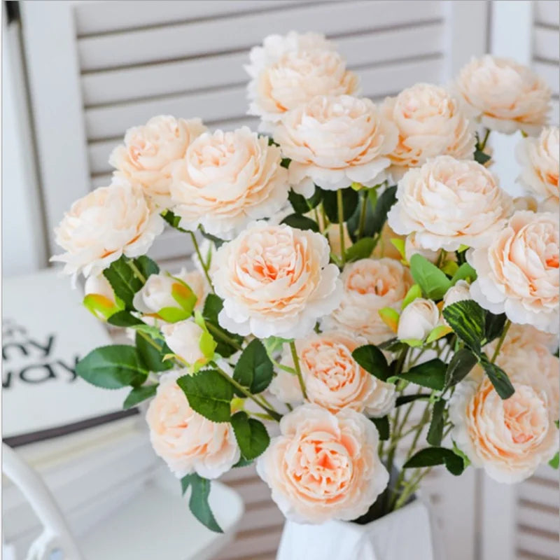 Bouquet artificiel roses feuilles vertes mariage décoration maison blanc rouge roseclair