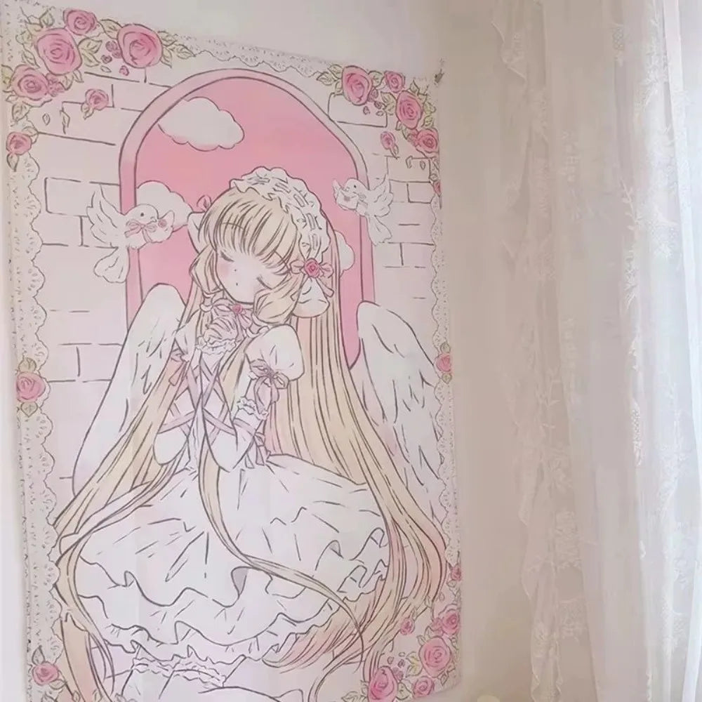 tapisserie ange fille roses blanches claires motif floral doux romantique bohème vintage decoration mur