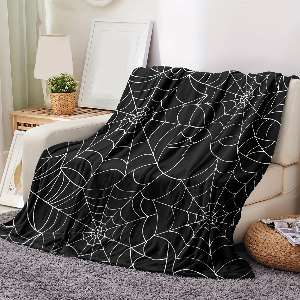 couverture polaire polyester moderne toile araignée noire blanc halloween gothique portable maison voyage