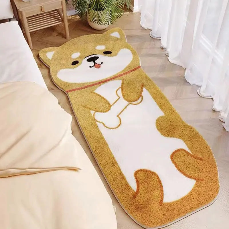 Un tapis de sol en forme de chien mignon et adorable, avec un motif jaune et blanc, qui apporte une touche de douceur et de chaleur à l'intérieur.