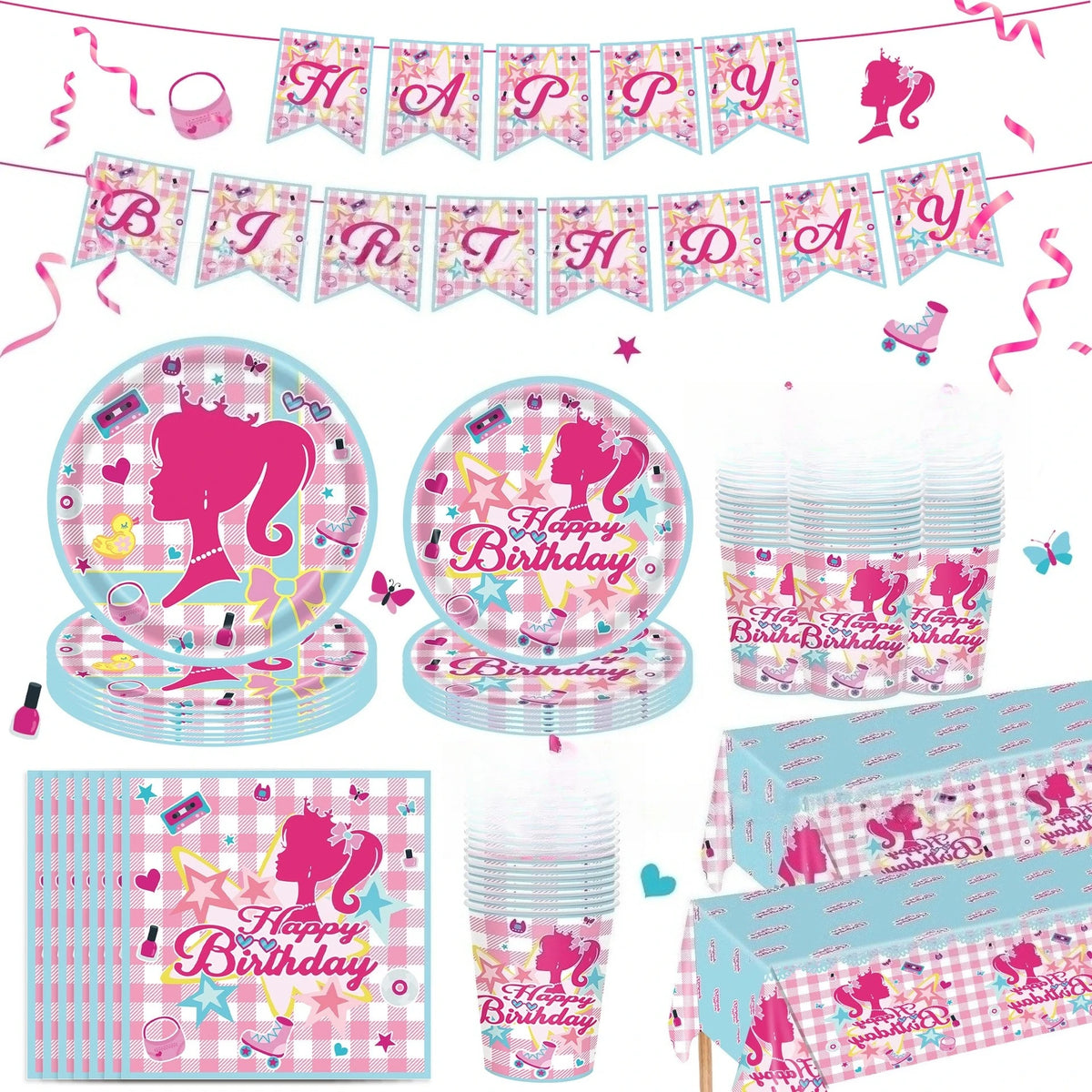assiettes jetables rose carreaux serviettes gobelets guirlande anniversaire enfant multicolore festive