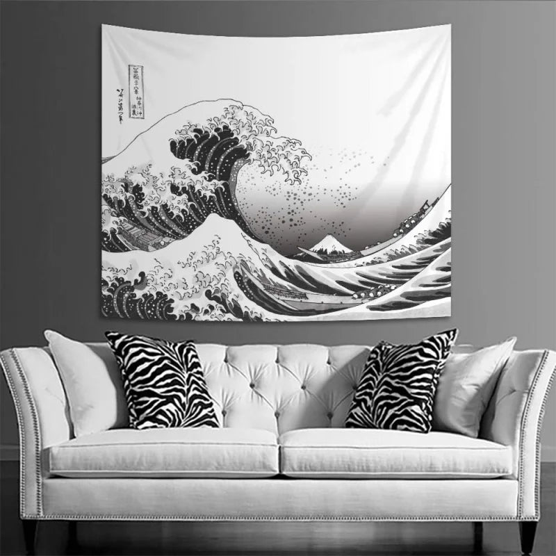 tapisserie ukiyo vague montagne japonais blanc noir décoration murale salon chambre