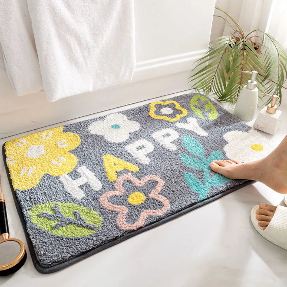 tapis bain antidérapant polyester feuilles fleurs happy moderne décoratif facile nettoyer