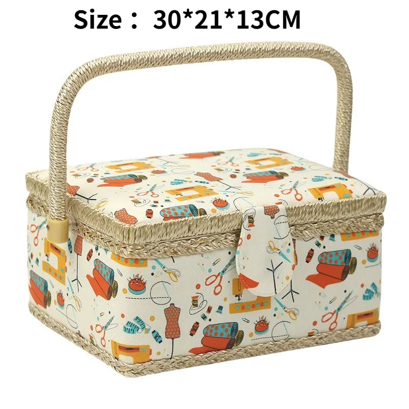 boîte couture rose clair rangement couture tissu imprimé poignée bois sac aiguilles européen doré