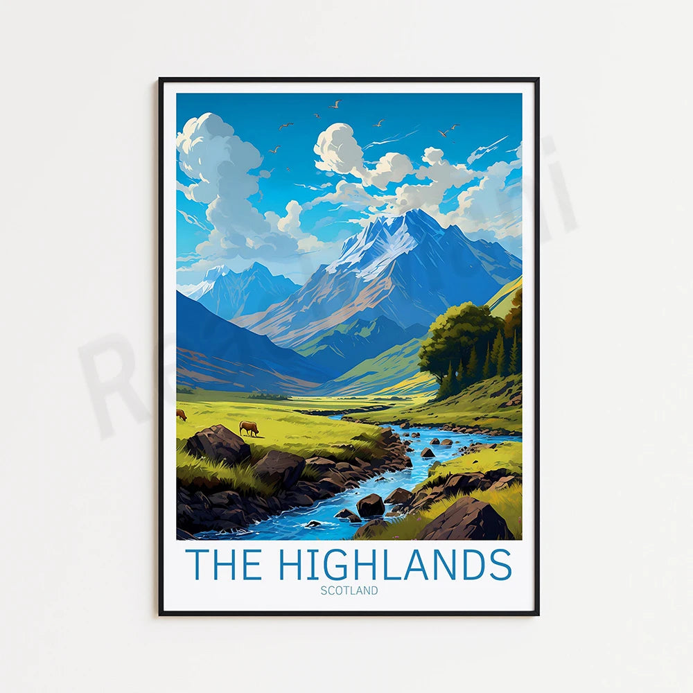 Paysage montagneux spectaculaire avec un cours d'eau, des animaux et un ciel nuageux dans les montagnes d'Écosse, intitulé "Les Highlands".