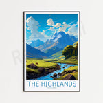 Paysage montagneux spectaculaire avec un cours d'eau, des animaux et un ciel nuageux dans les montagnes d'Écosse, intitulé "Les Highlands".