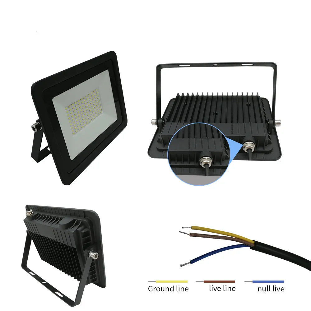 projecteur led extérieur noir moderne mur jardin cour grille câbles connexion