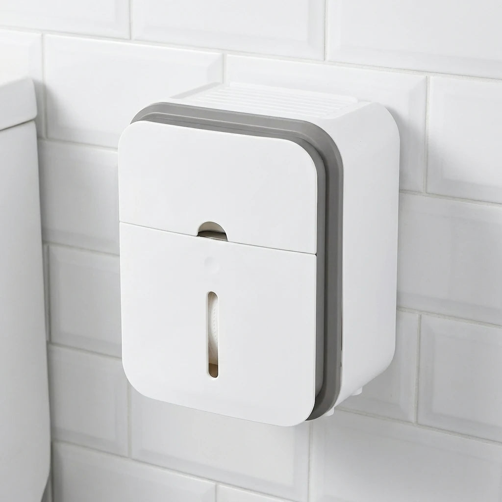 rangement mural moderne blanc gris tiroirs papier toilette accessoires salle bain minimaliste