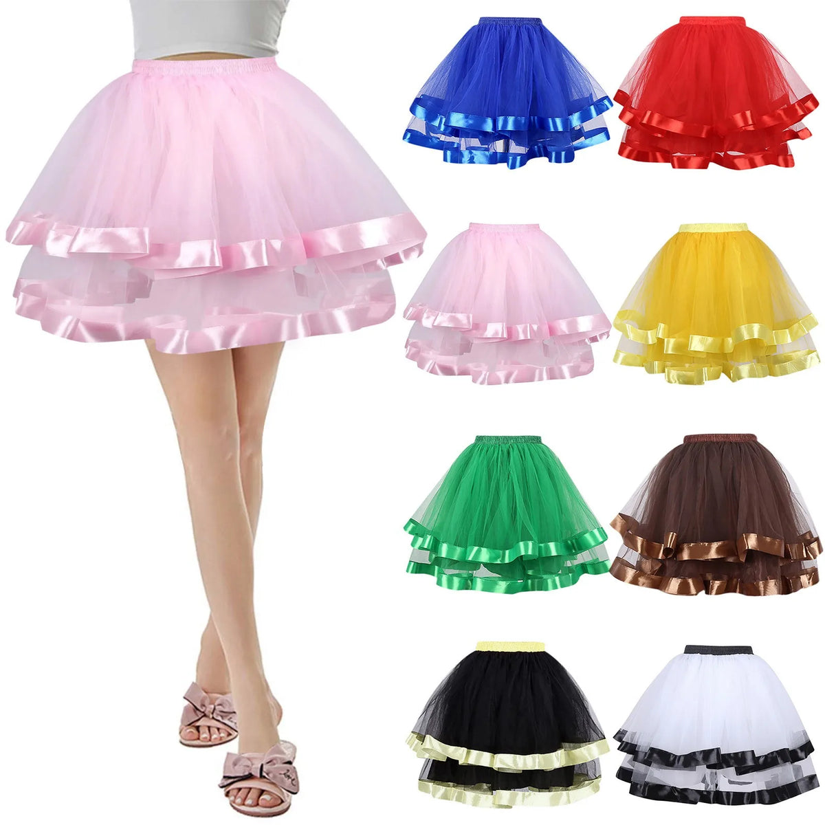 Jupe tutu tulle brodée rubans satinés vintage rose bleu vert rouge marron