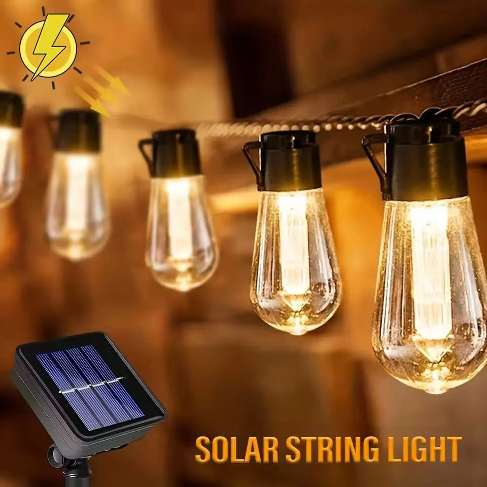 guirlande lumineuse solaire ampoules led vintage transparentes structure noire extérieure jardin festive