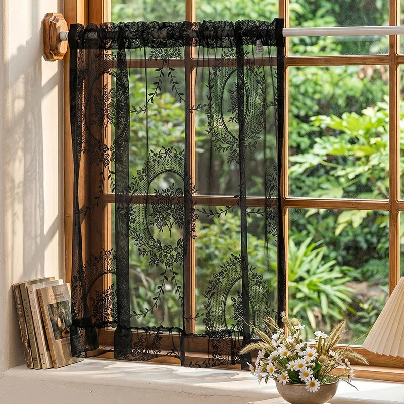 rideau vert clair noir floral translucide classique romantique fenêtre sans perçage