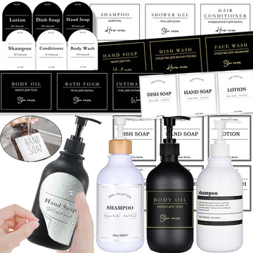 étiquettes autocollantes salle bain distributeur savon shampoing lotion bouteille cosmétique moderne noir blanc