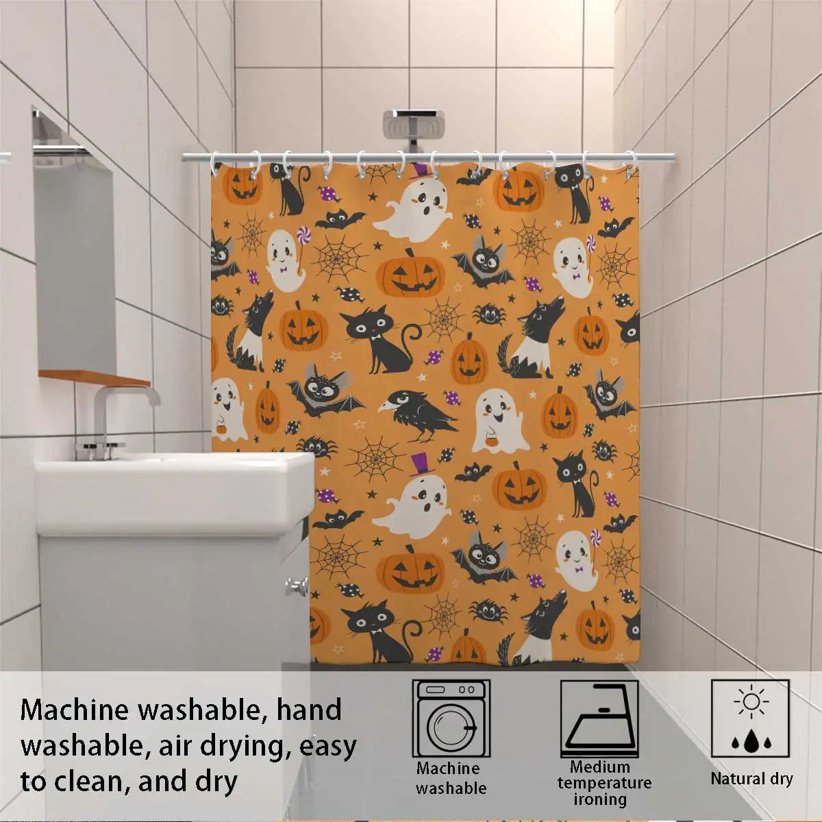 rideau douche halloween citrouilles fantômes chats araignées orange noir blanc violet 12 crochets opaques