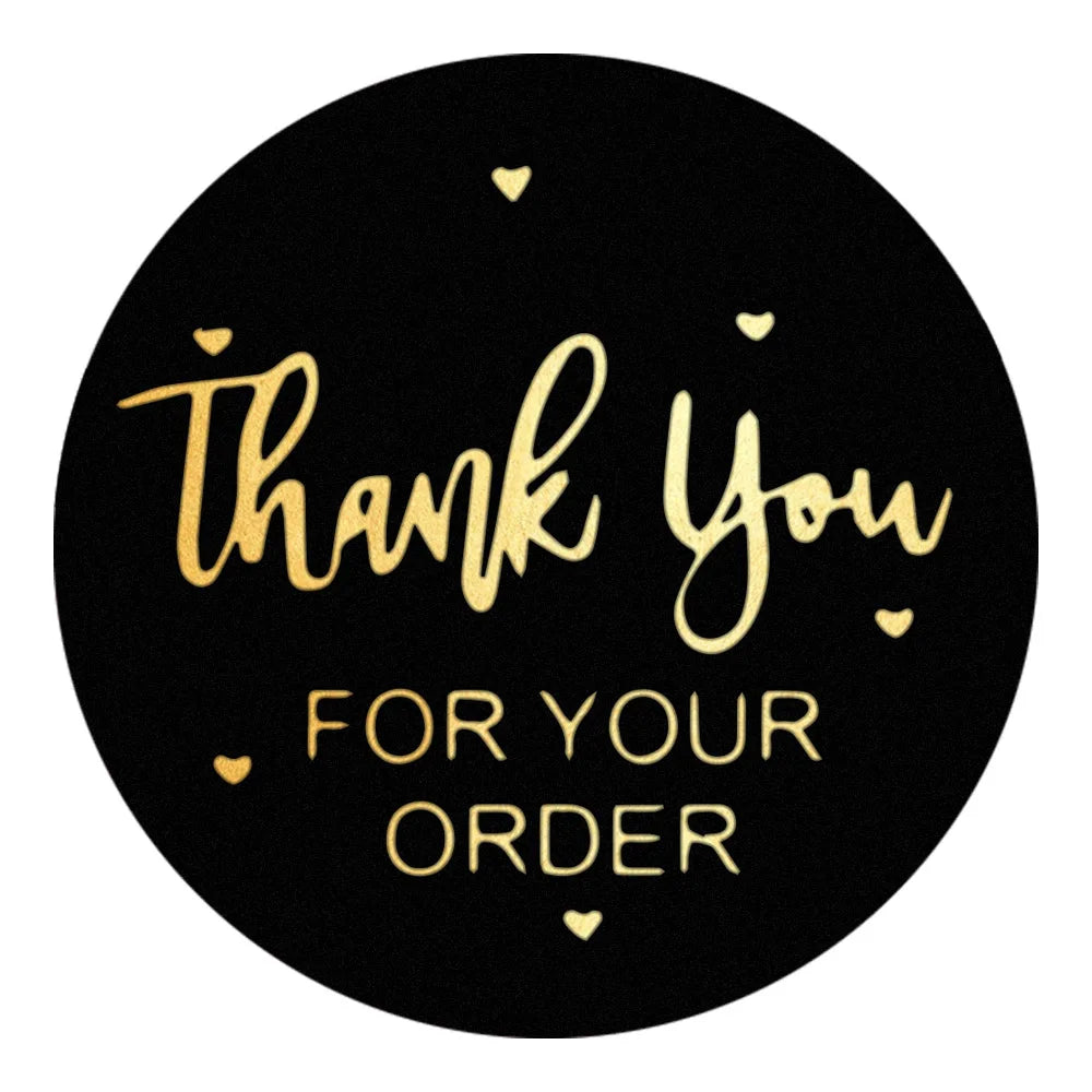 autocollants merci votre commande noir rose doré transparents élégants cœurs écriture manuscrite lot 50