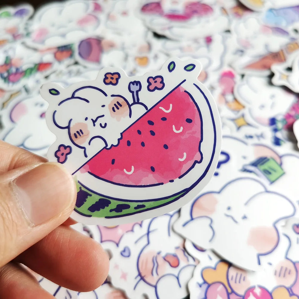 stickers kawaii cartoon adhésifs dessins animés coeurs fruits blanc bleu rose verte noire gris