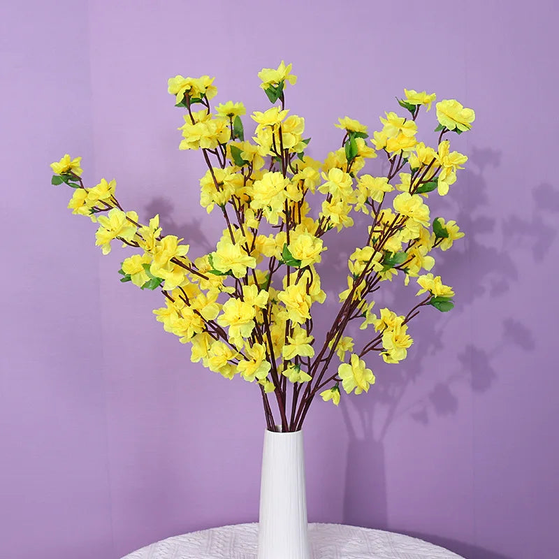 Bouquet artificiel fleurs simples rose jaune blanc rouge feuilles vertes moderne vase blanc 65cm