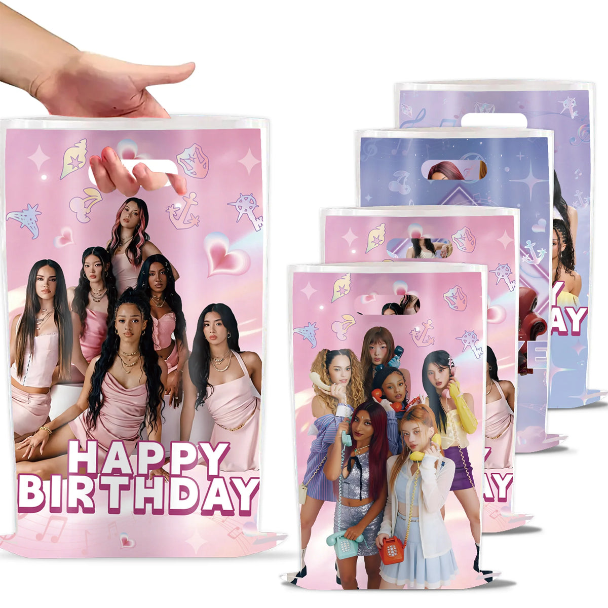 sacs cadeaux anniversaire rose violet blanc poignées coeurs étoiles happy birthday katsey moderne festif