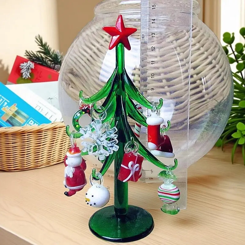 Figurine d'arbre de Noël en verre fait main vert 15cm sur sapin