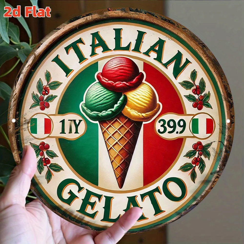 plaque publicitaire vintage motif glace trois boules drapeau italien couleurs vert rouge blanc beige