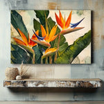 toile d'art moderne fleurs tropicales oiseau paradis abstrait vert orange bleu beige salon maisonDecoration