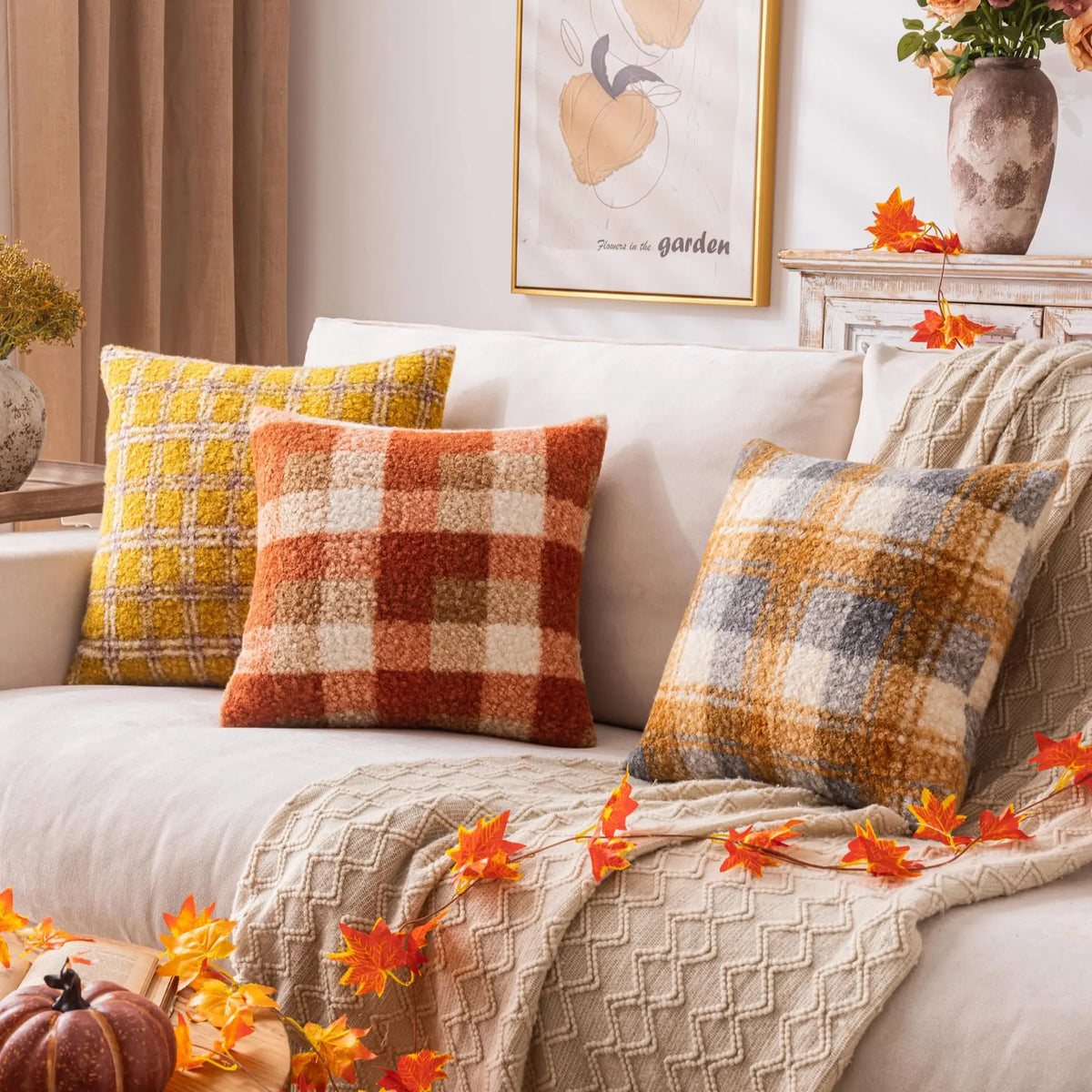 housses coussin orange beige carreaux rustiques plaids décoratifs polyester respectueux environnement farmhouse